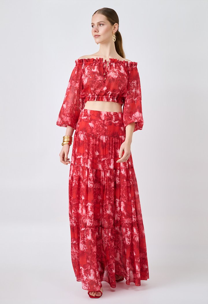 Maxi skirt with print and ruffles