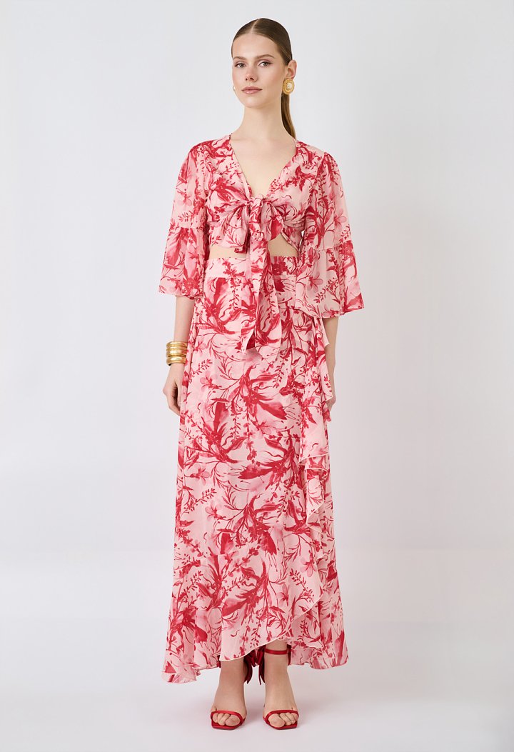 Maxi wrap skirt with print and ruffles