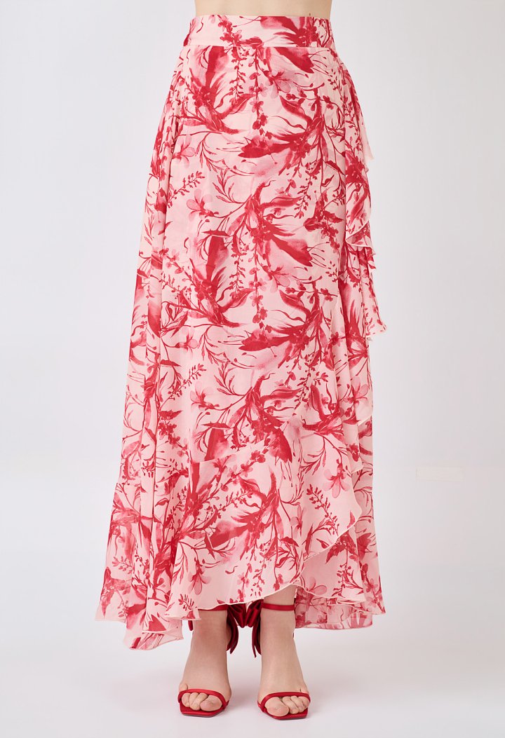 Maxi wrap skirt with print and ruffles