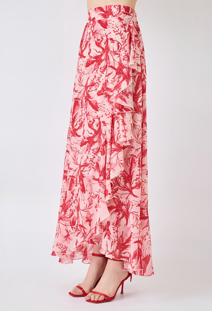 Maxi wrap skirt with print and ruffles