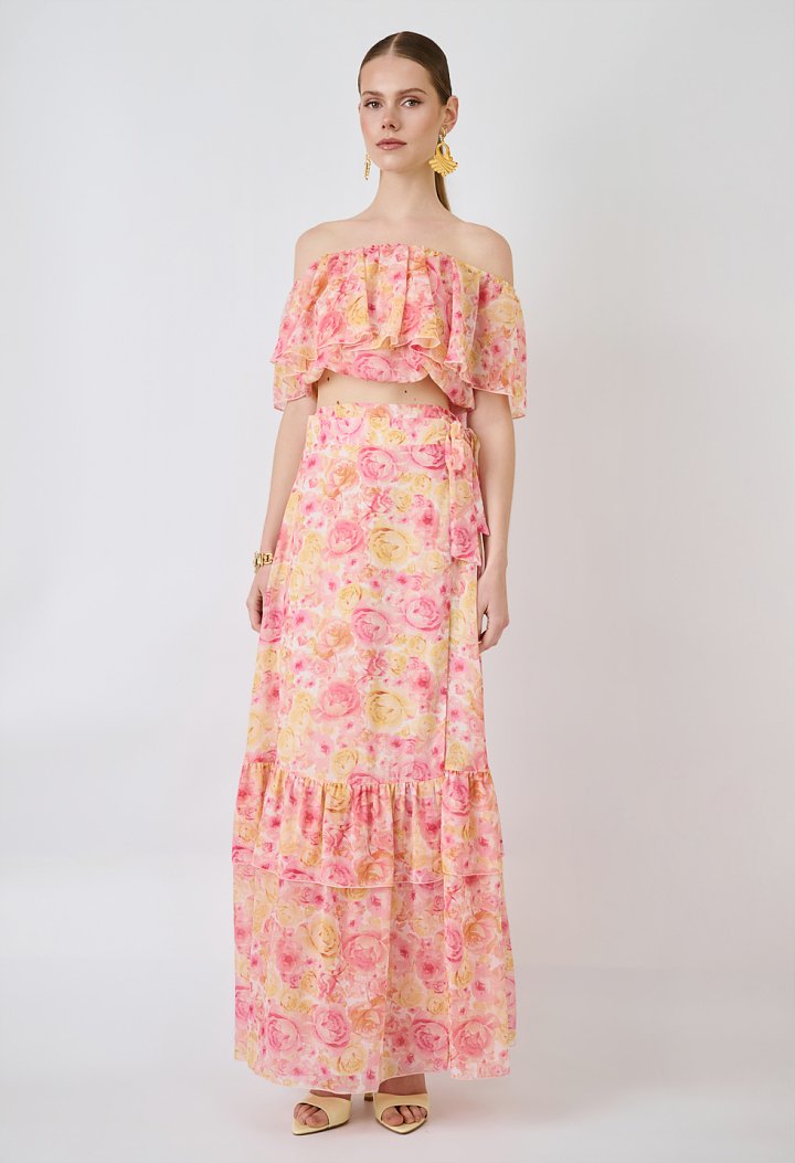 Floral wrap maxi skirt with ruffles