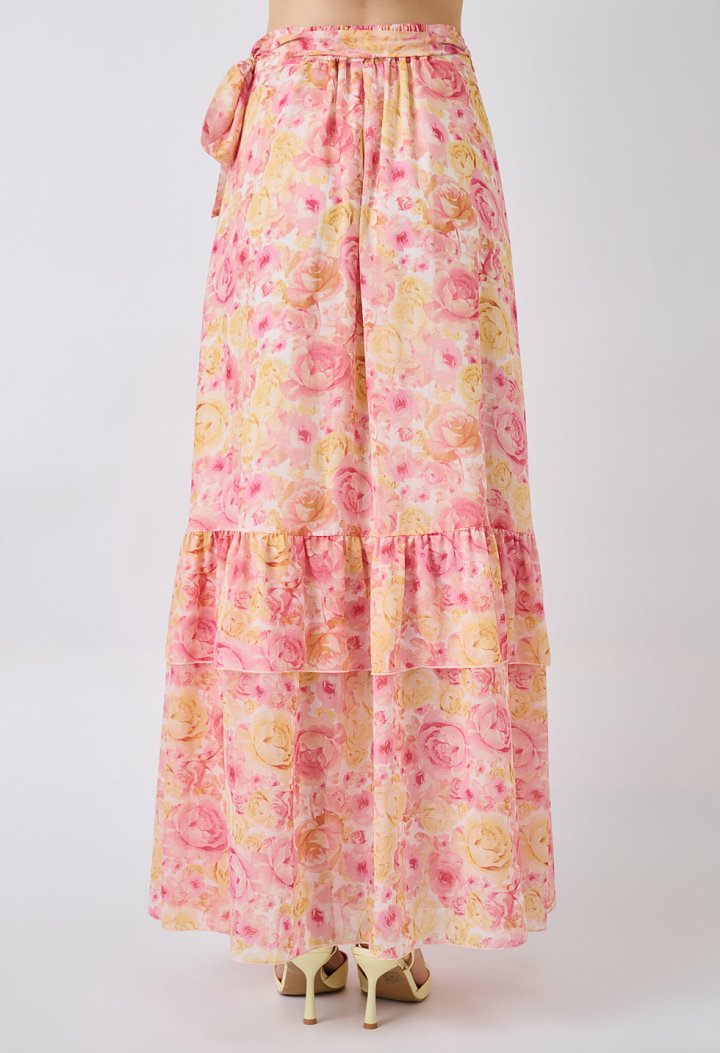 Floral wrap maxi skirt with ruffles