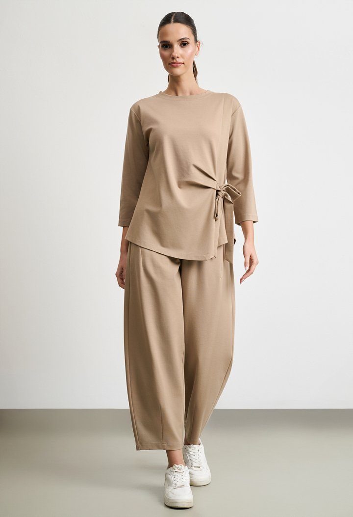 Tie-front blouse and barrel-leg trousers set