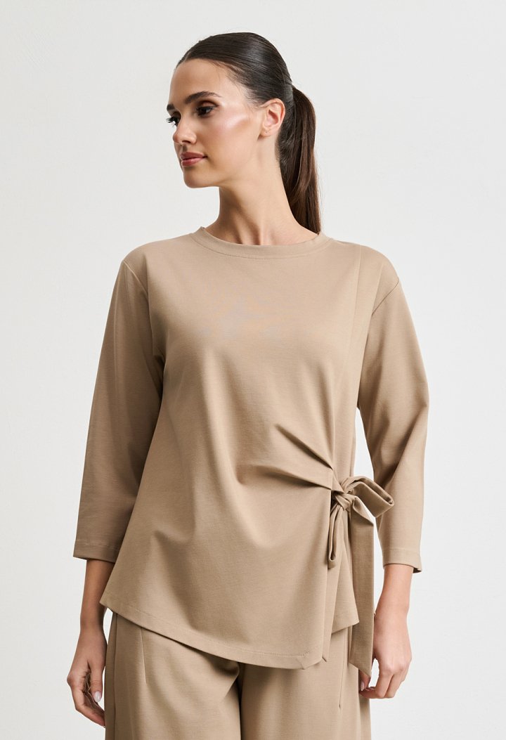 Tie-front blouse and barrel-leg trousers set