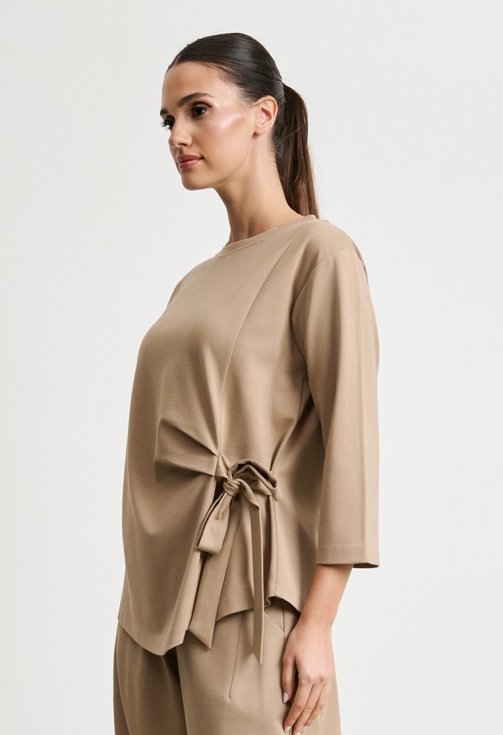 Tie-front blouse and barrel-leg trousers set