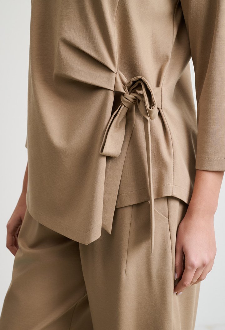 Tie-front blouse and barrel-leg trousers set