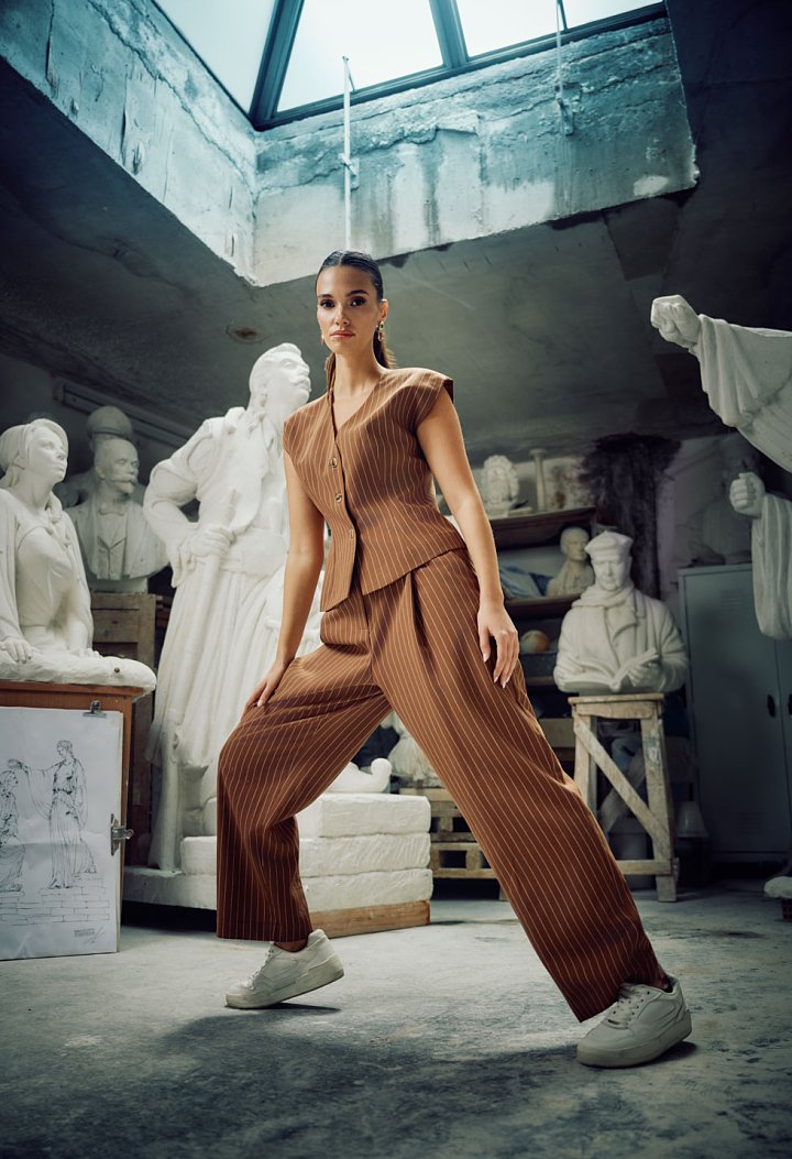 Striped Set with Top and High-Waisted Trousers