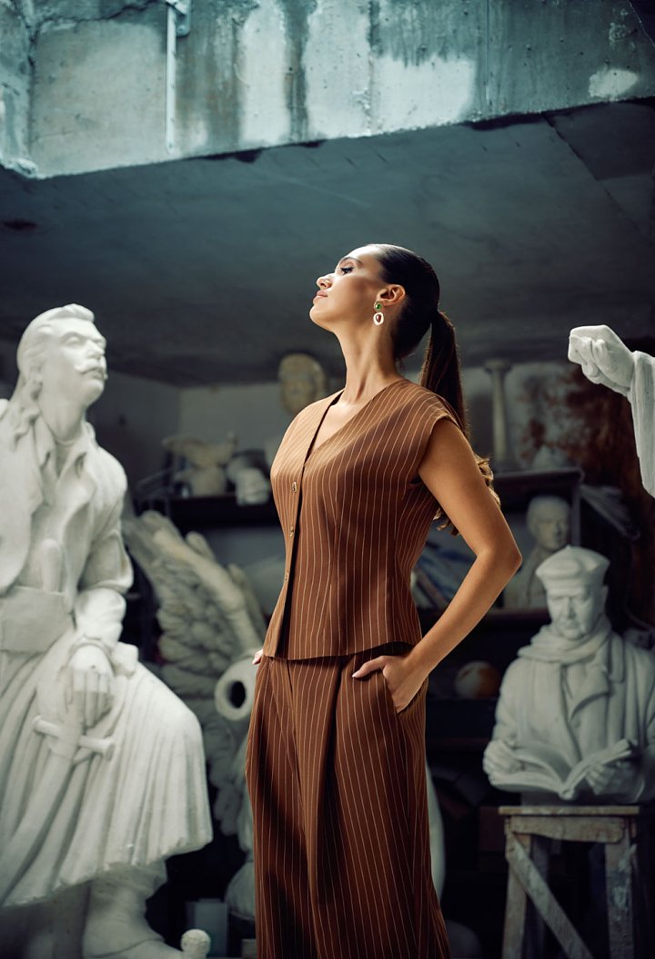 Striped Set with Top and High-Waisted Trousers