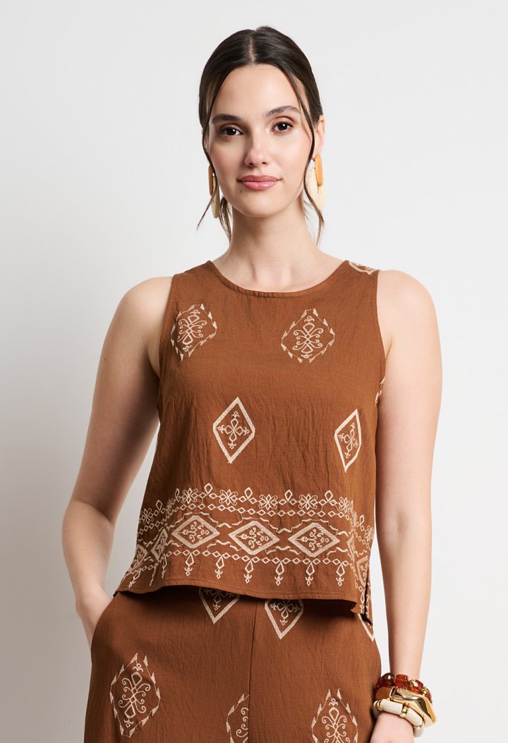 Boho printed set featuring a top and wide-leg trousers in brown tones