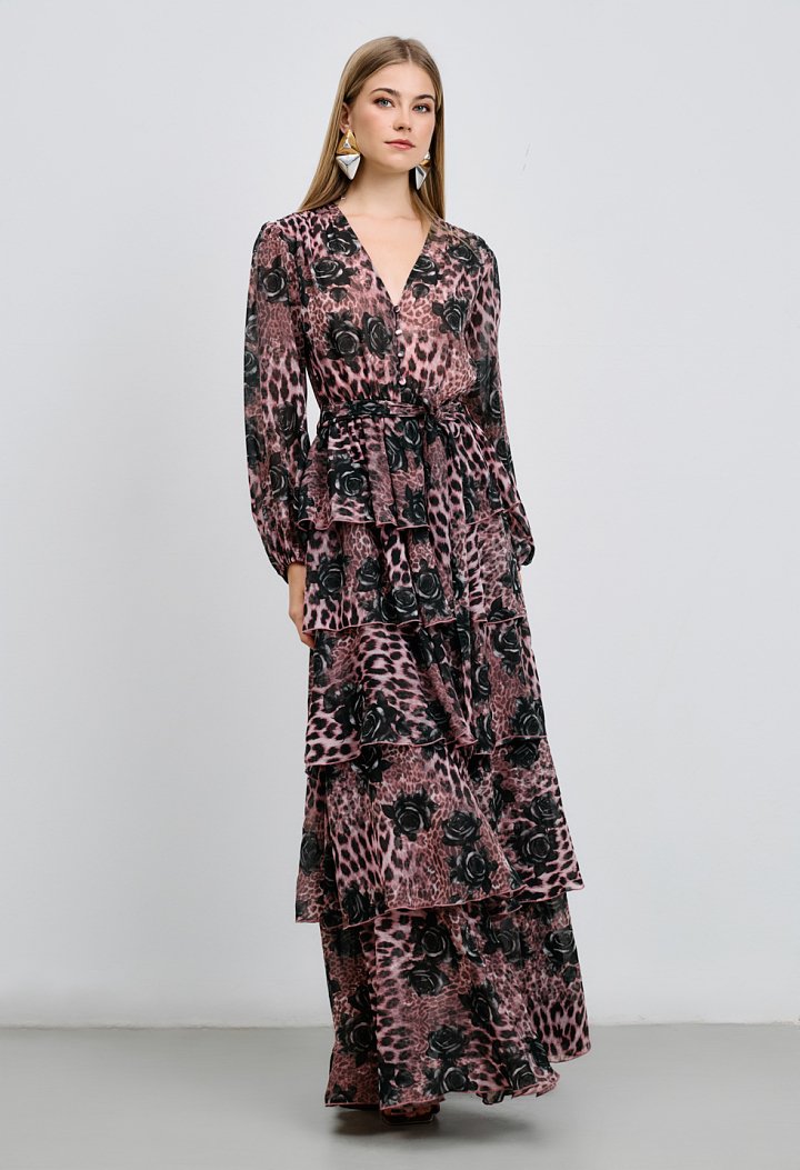 Μακρύ φόρεμα με animal print και βολάν