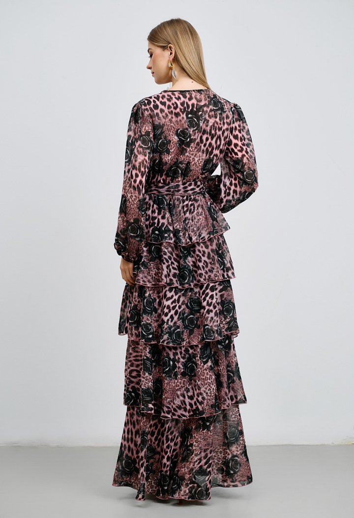 Μακρύ φόρεμα με animal print και βολάν