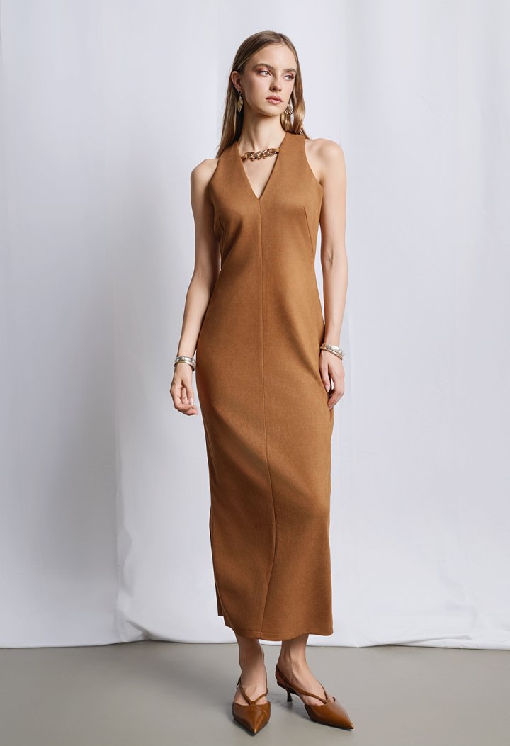 Long sleeveless suede dress