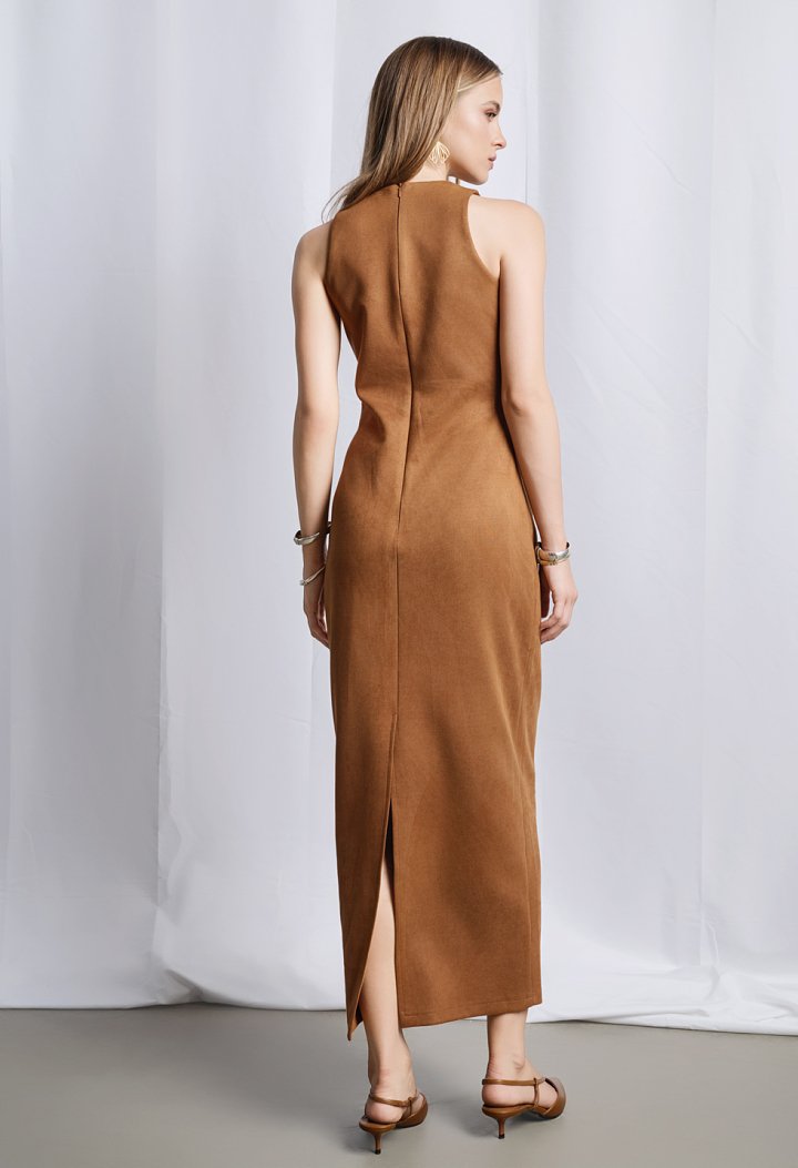Long sleeveless suede dress
