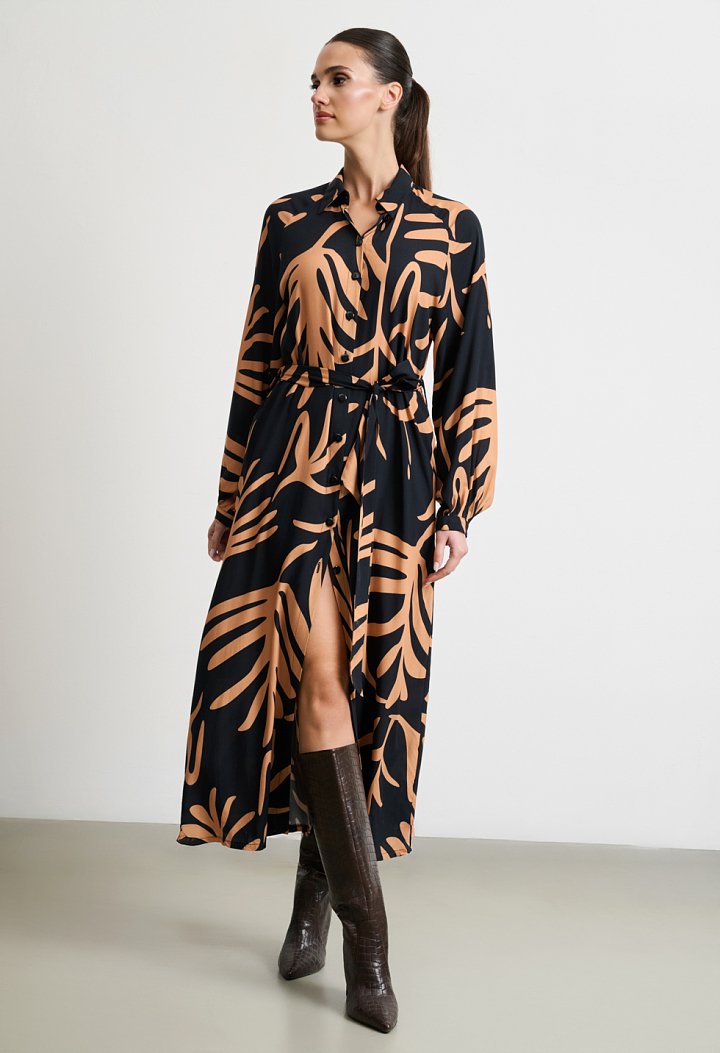 Printed dress with buttons and belt