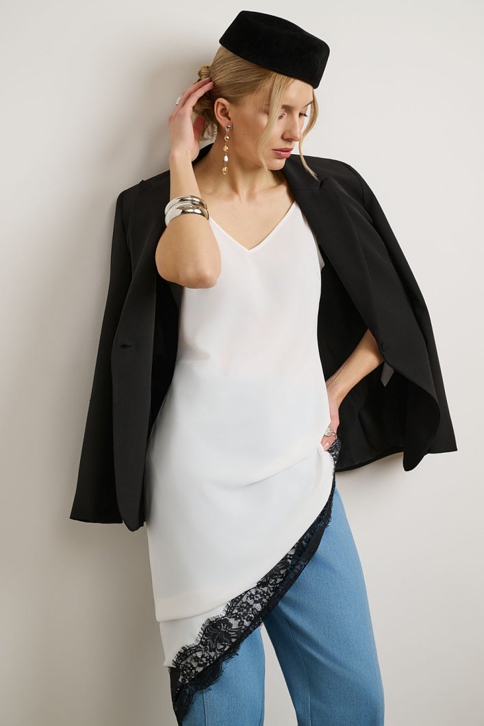 Asymmetric satin dress with lace