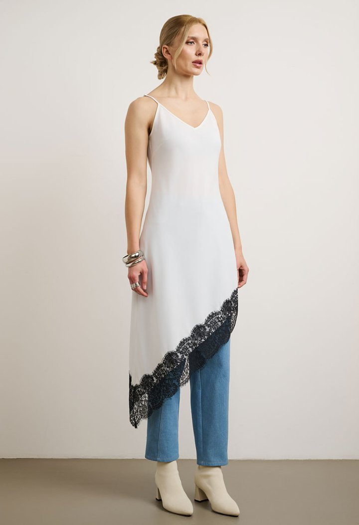 Asymmetric satin dress with lace