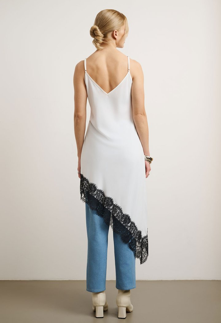 Asymmetric satin dress with lace