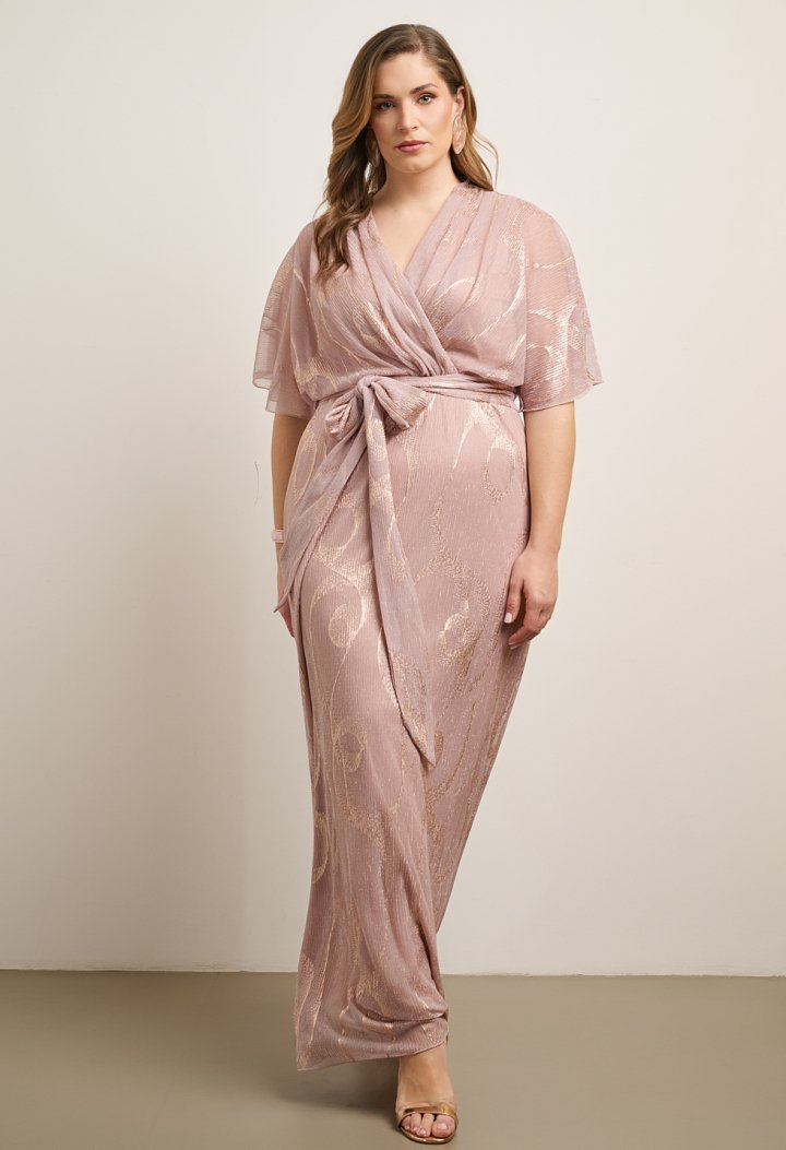 Maxi dress with a metallic pattern and belt