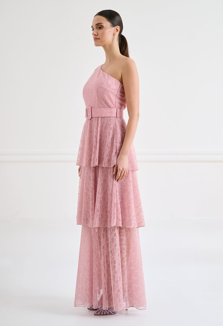 Lace one-shoulder maxi dress with ruffle
