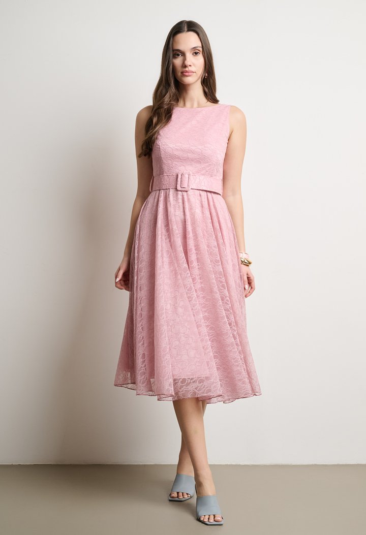 Lace midi dress with belt and V back