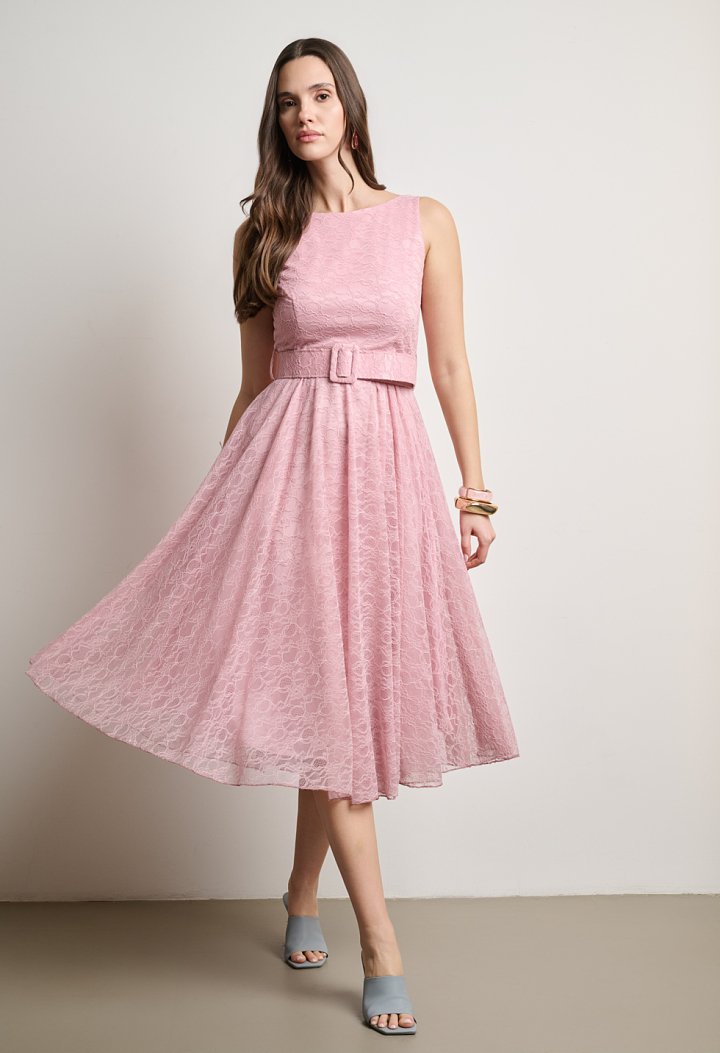 Lace midi dress with belt and V back
