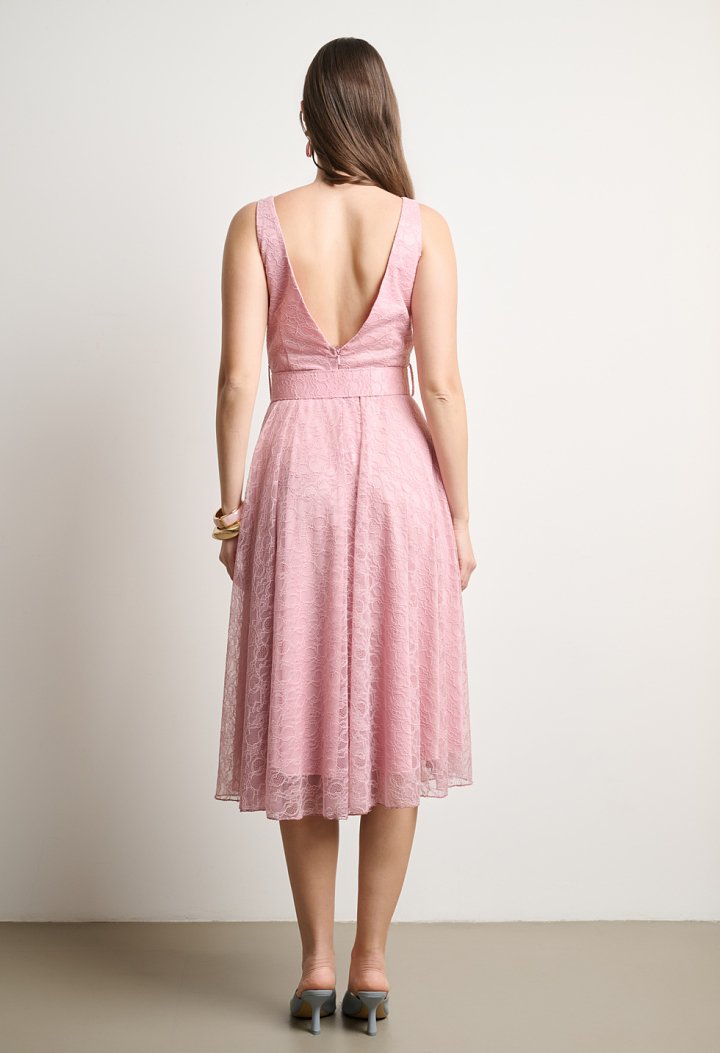 Lace midi dress with belt and V back