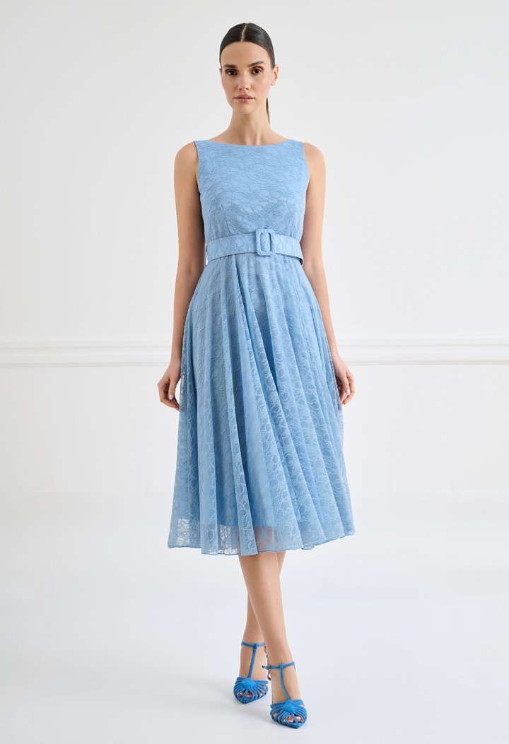Lace midi dress with belt and V back