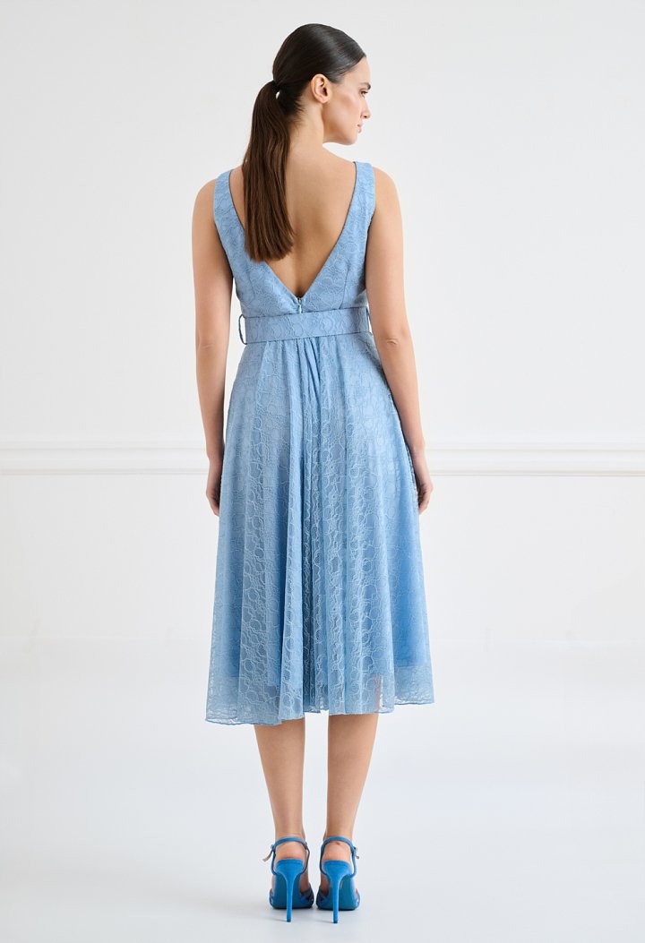 Lace midi dress with belt and V back