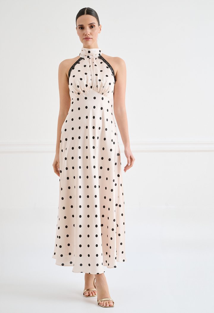 Polka-dot maxi dress with halter neckline