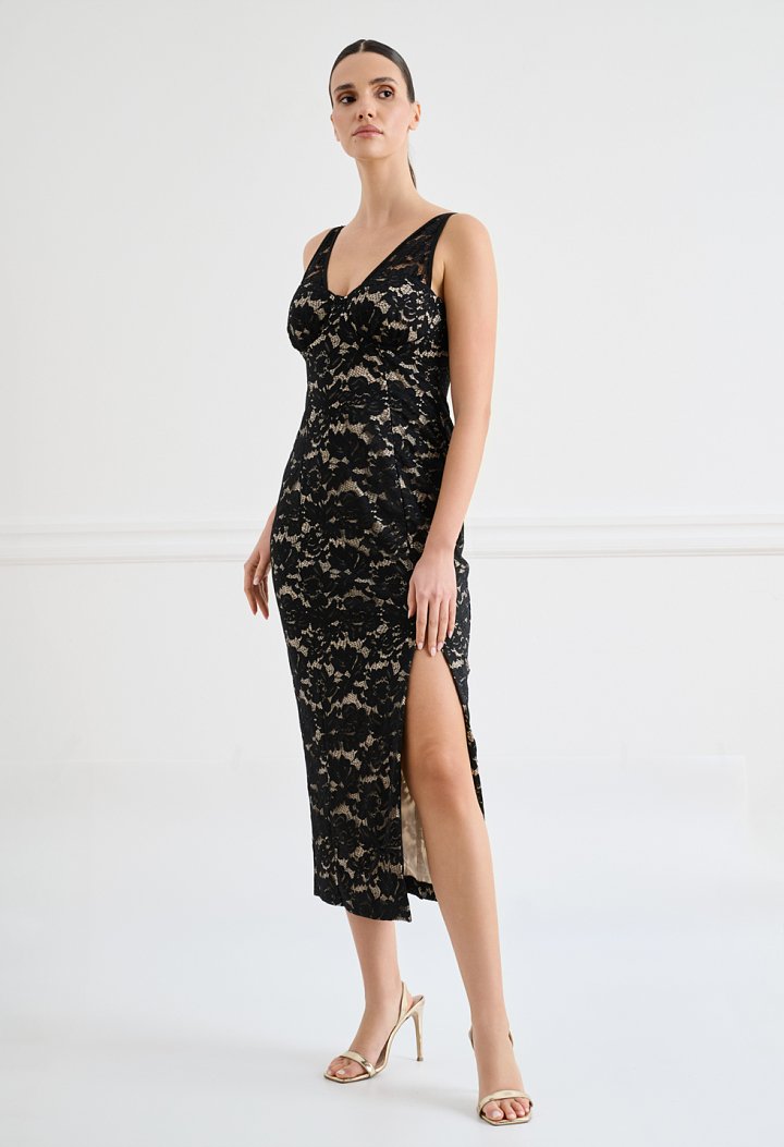 Black lace midi dress with straps