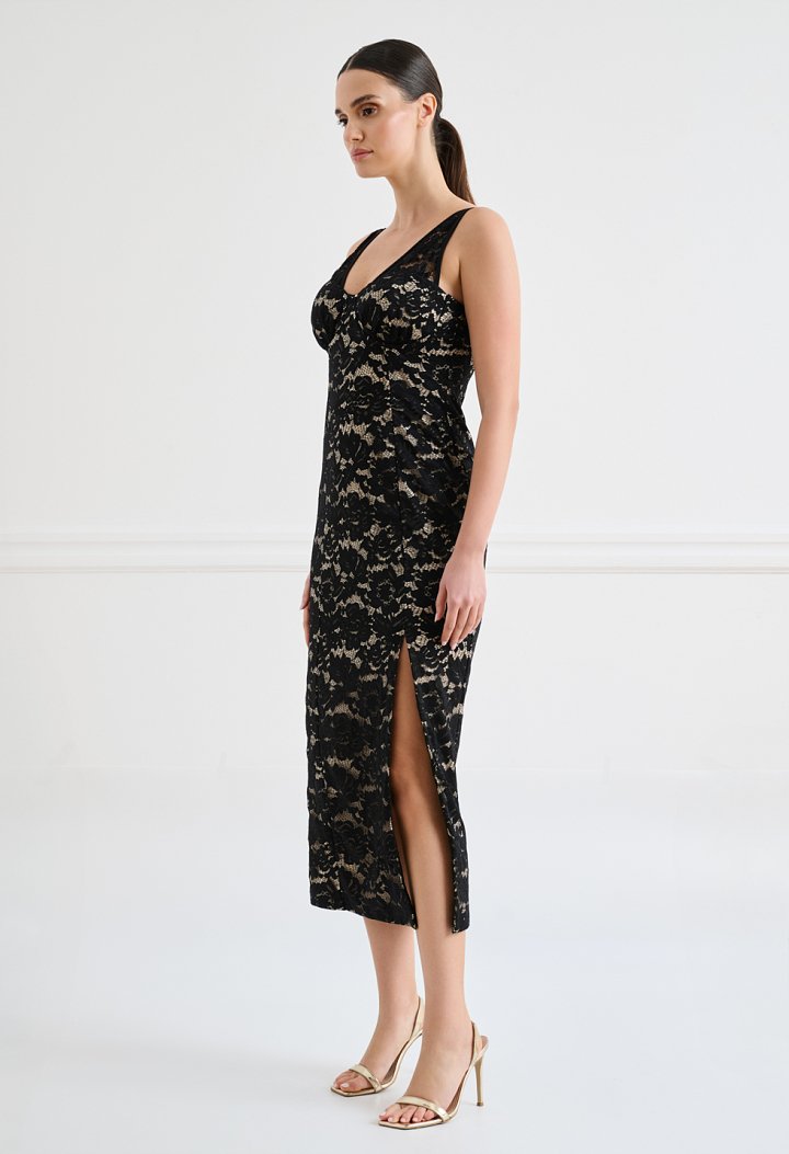 Black lace midi dress with straps