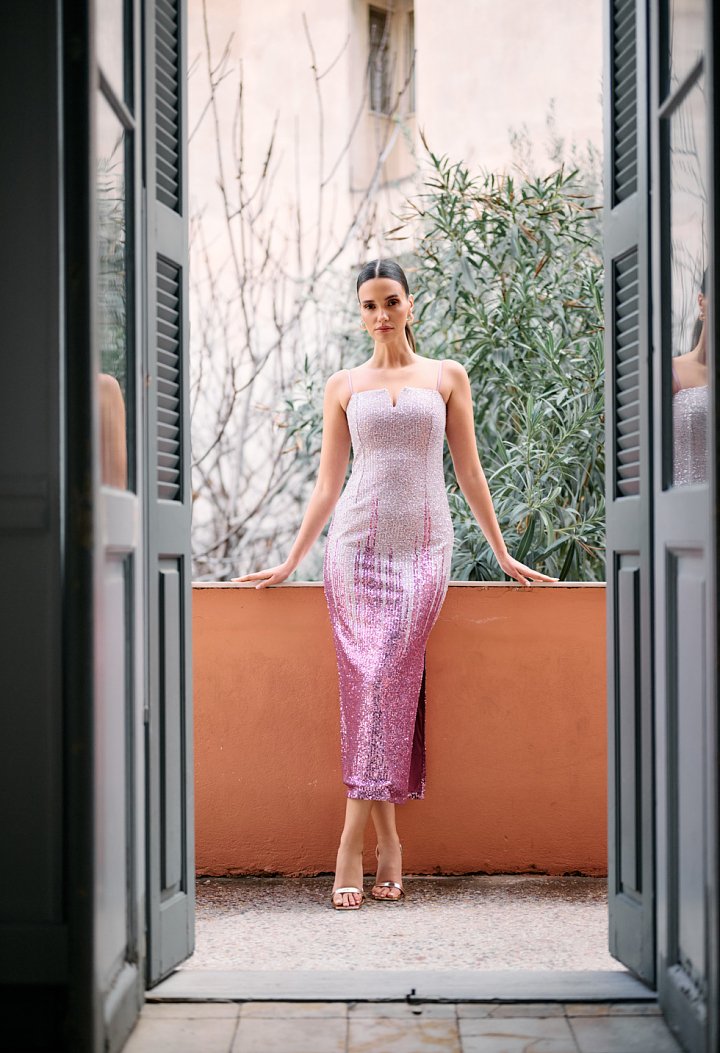 Pink sequin midi dress