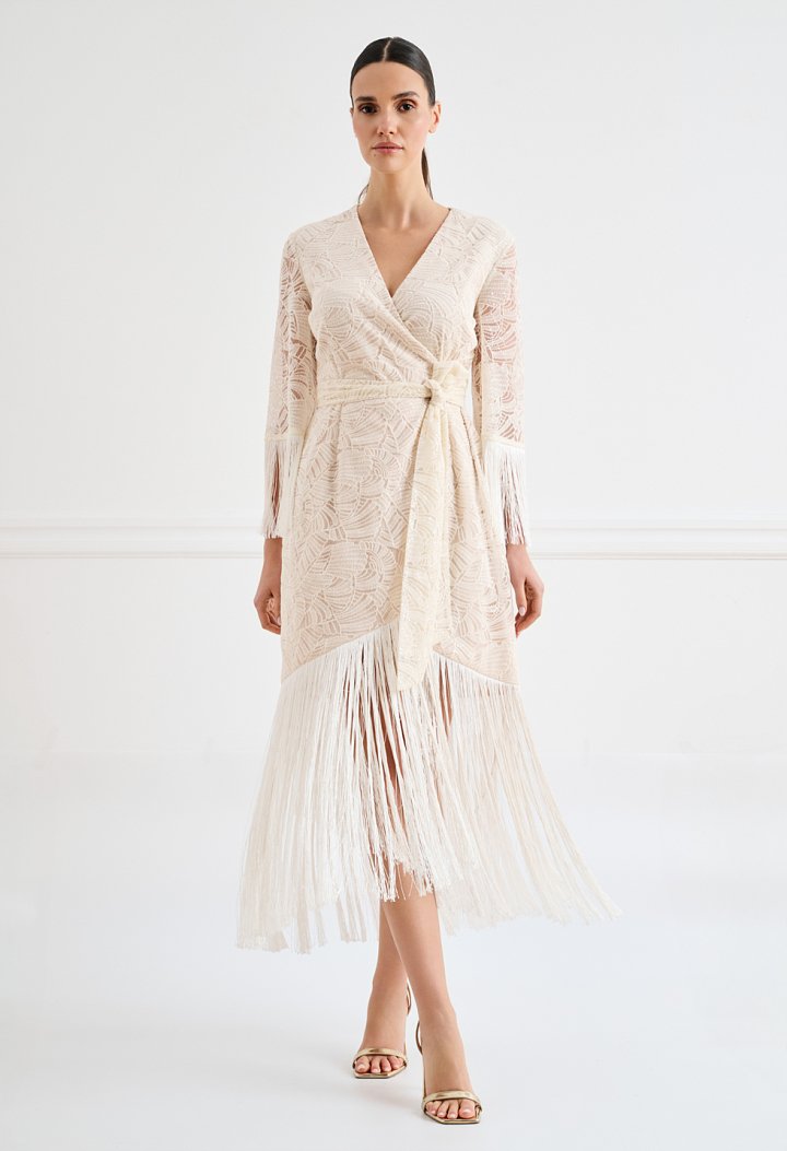 Lace wrap midi dress with fringe
