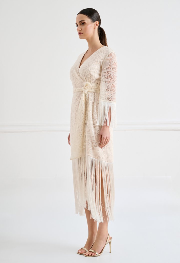 Lace wrap midi dress with fringe