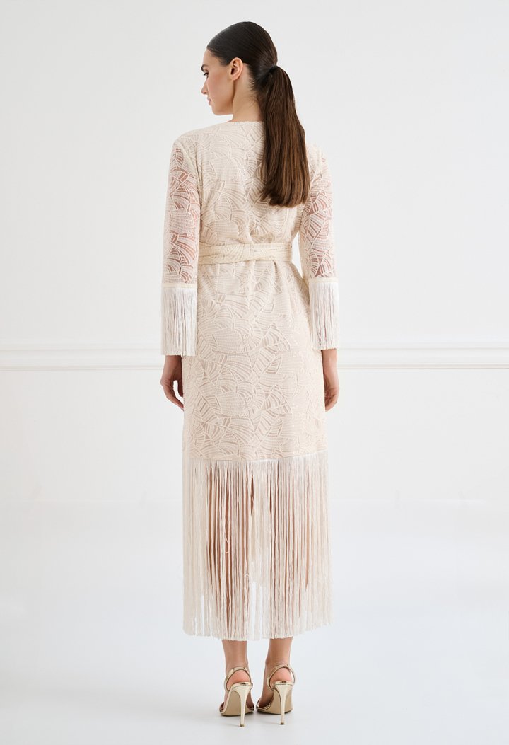 Lace wrap midi dress with fringe