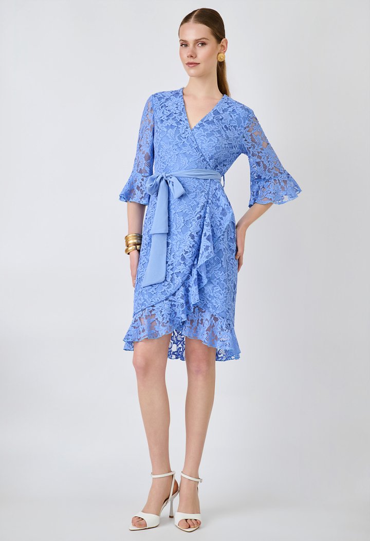 Midi lace wrap dress with a belt