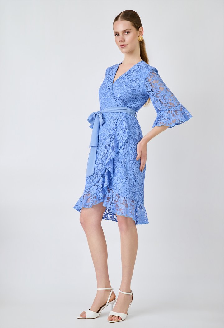Midi lace wrap dress with a belt