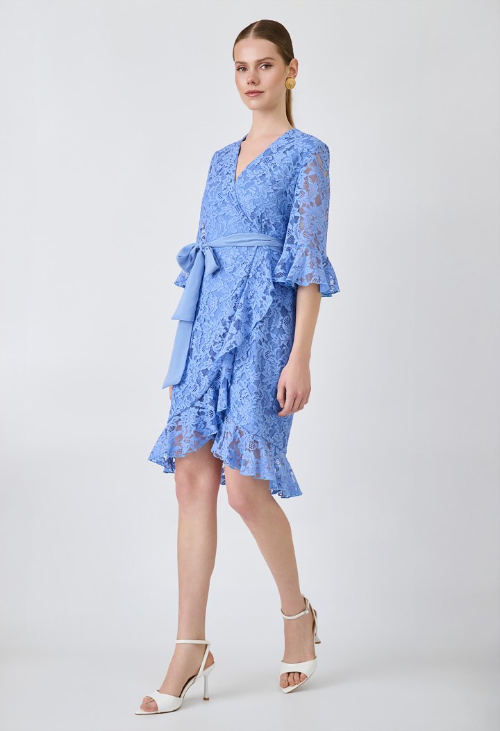 Midi lace wrap dress with a belt