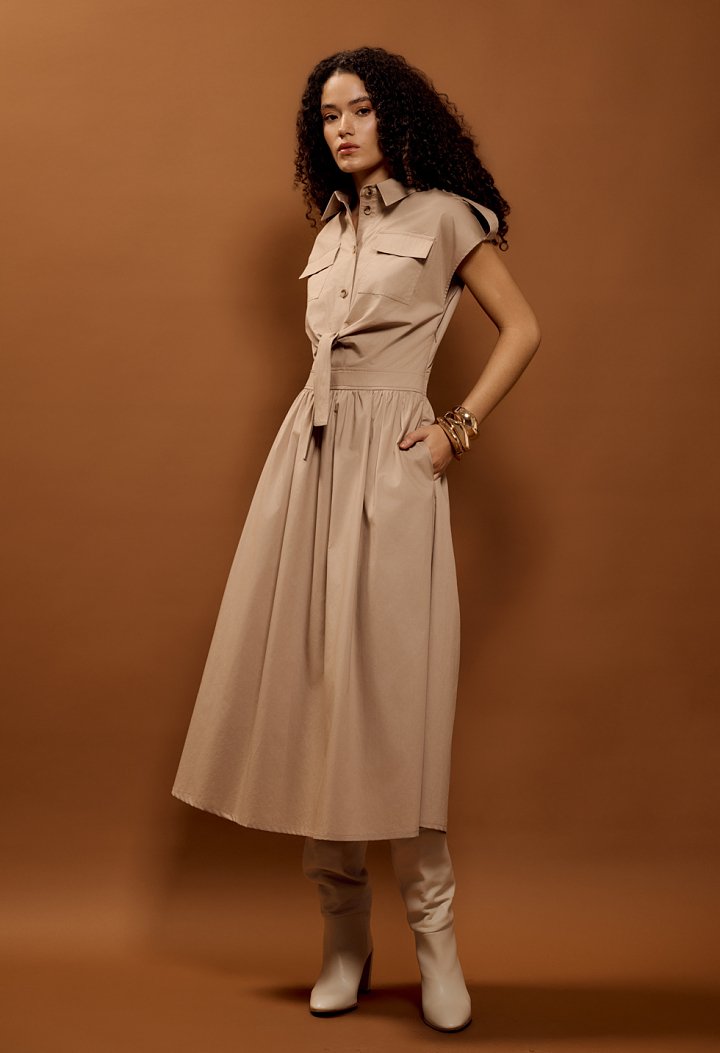 Poplin midi dress with belt