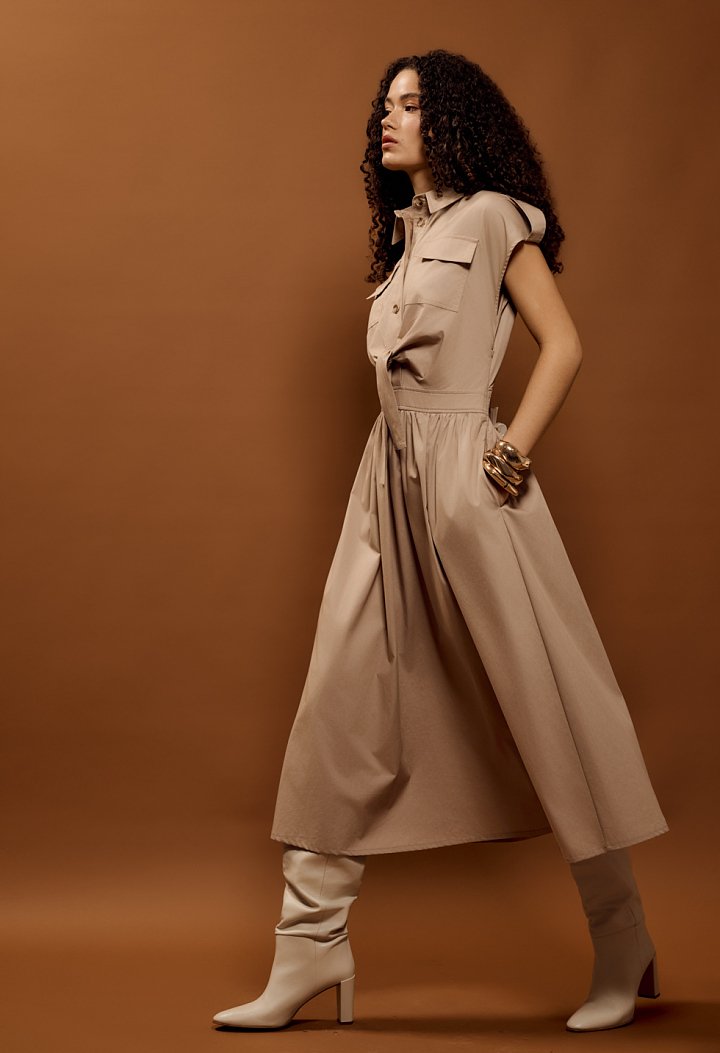 Poplin midi dress with belt