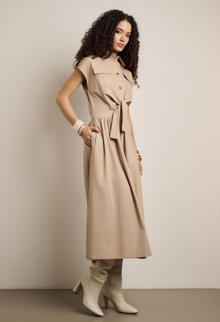 Poplin midi dress with belt