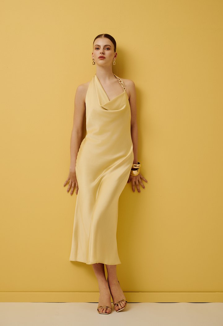 Satin midi dress with a halter neckline