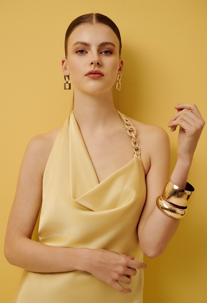 Satin midi dress with a halter neckline