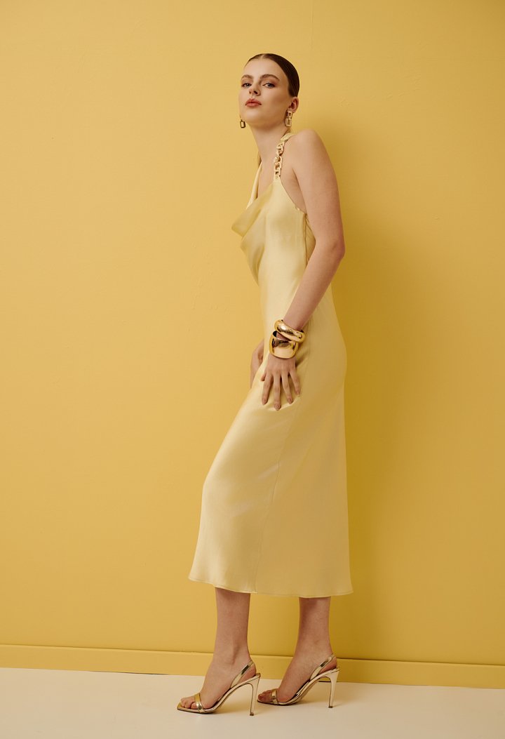 Satin midi dress with a halter neckline