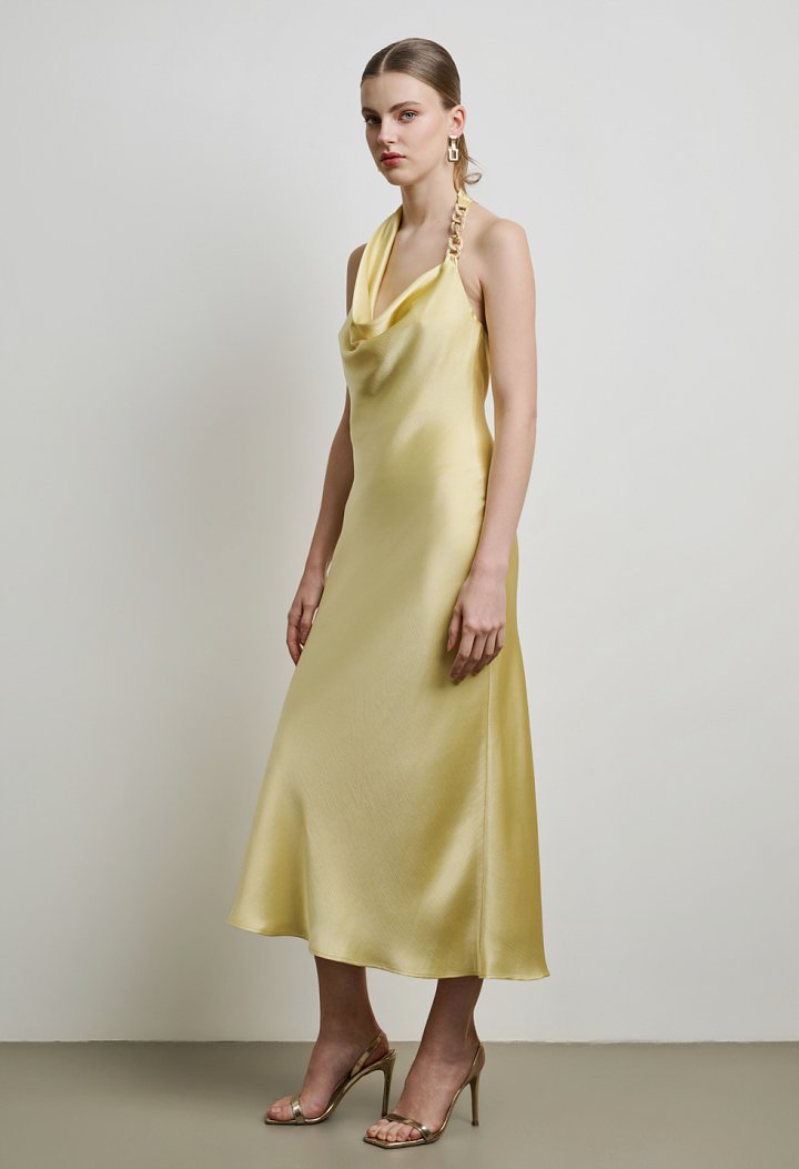 Satin midi dress with a halter neckline
