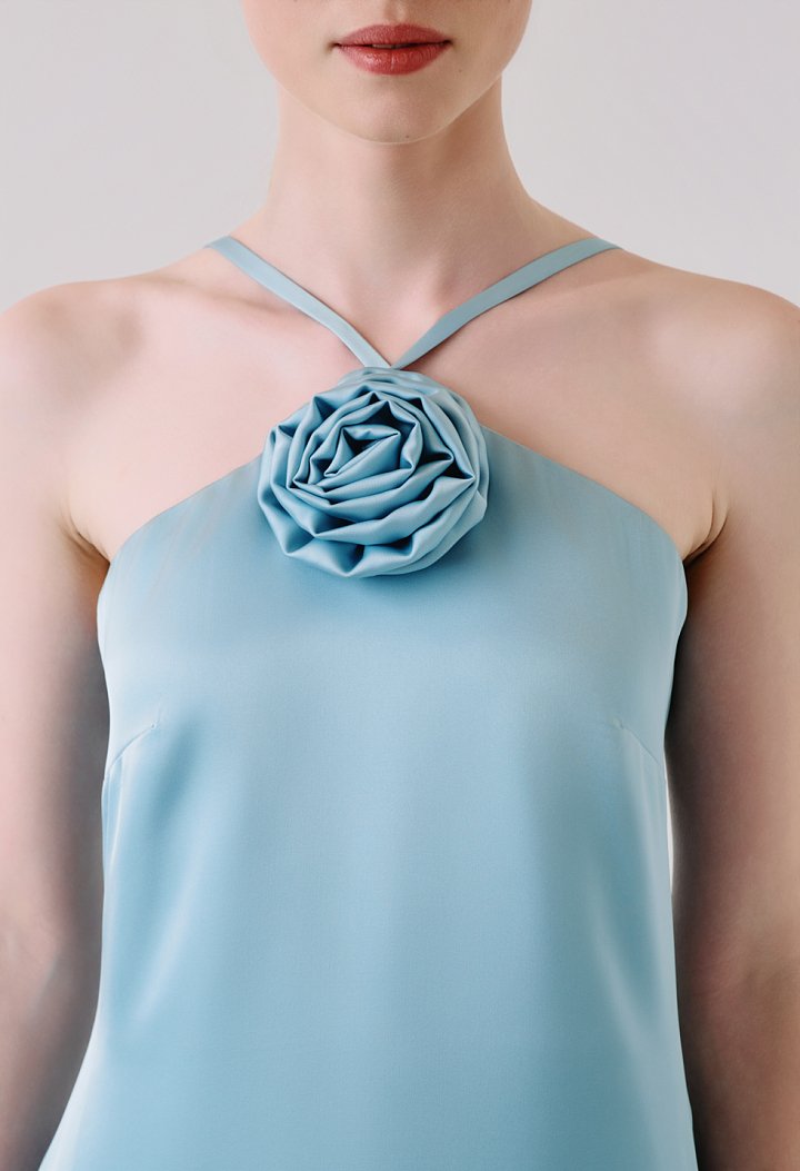 Maxi dress with a flower detail on the neckline