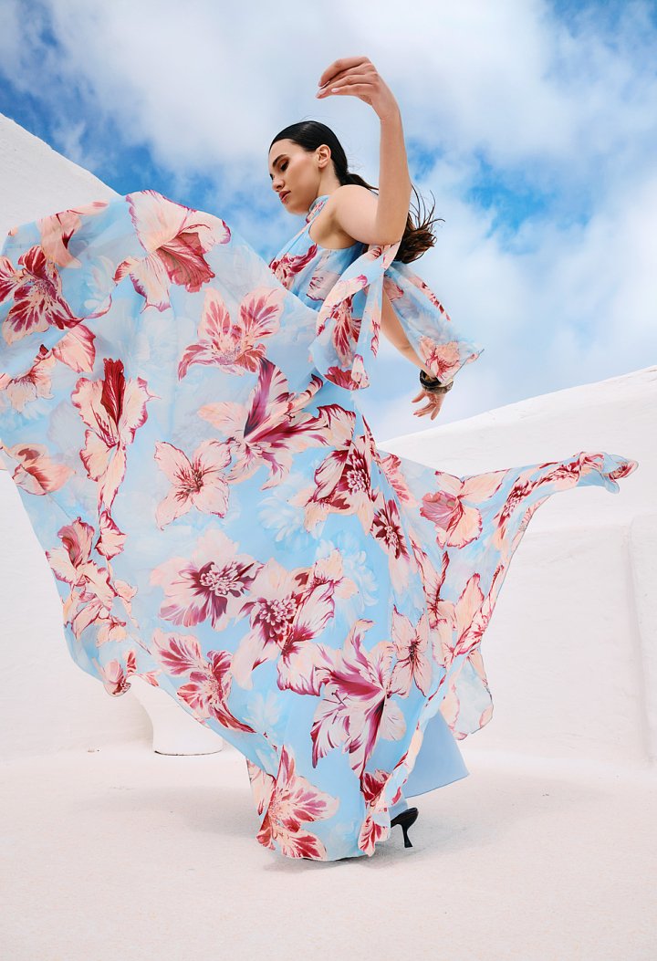 Maxi floral one-shoulder dress in light blue