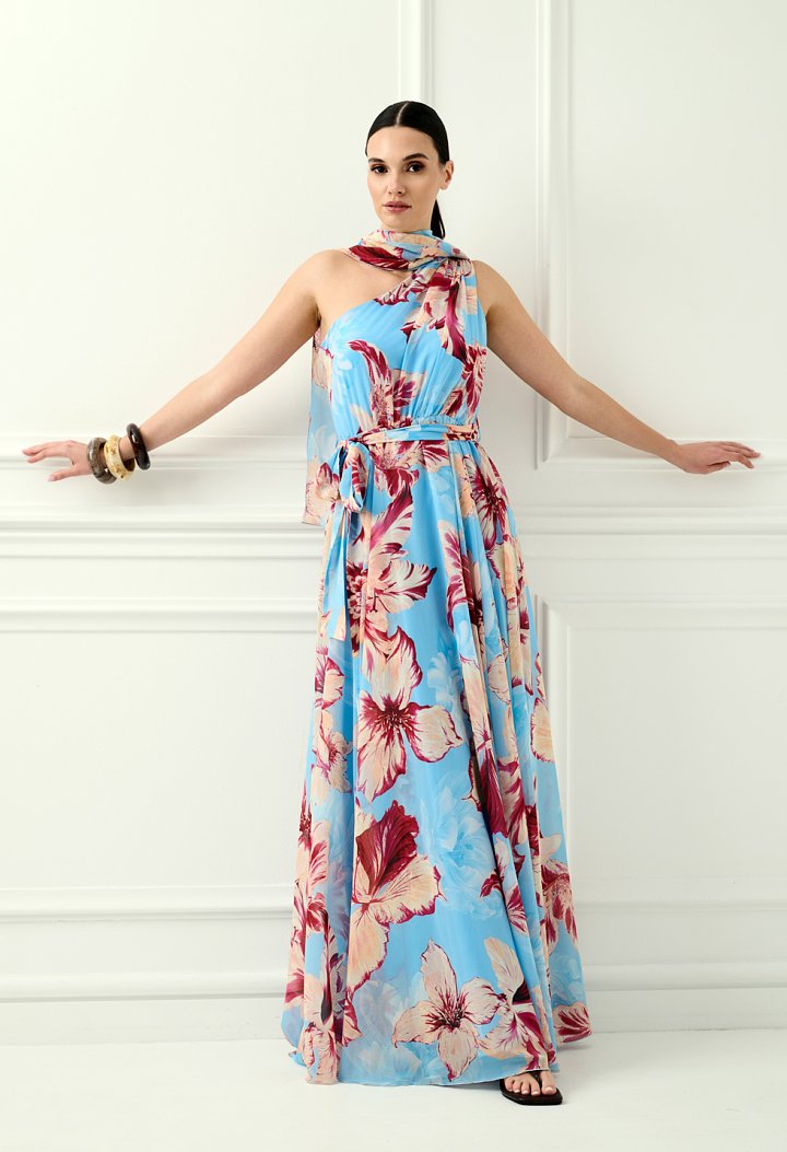 Maxi floral one-shoulder dress in light blue