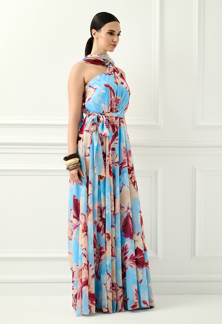 Maxi floral one-shoulder dress in light blue