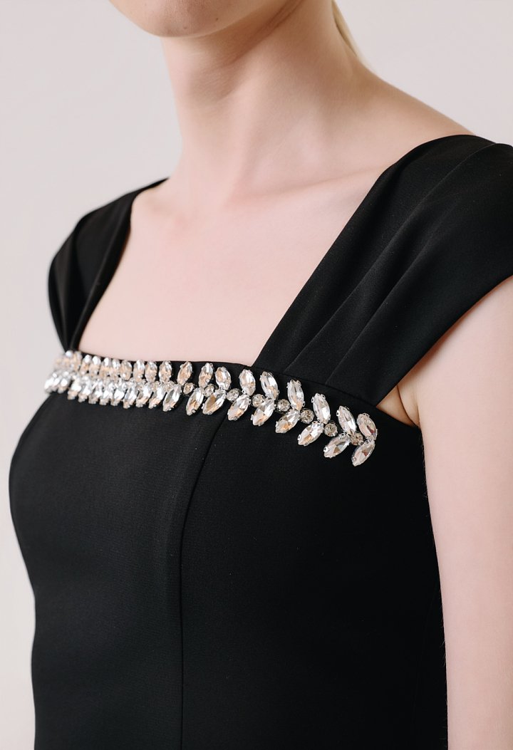 Mini dress with rhinestone detail at the neckline